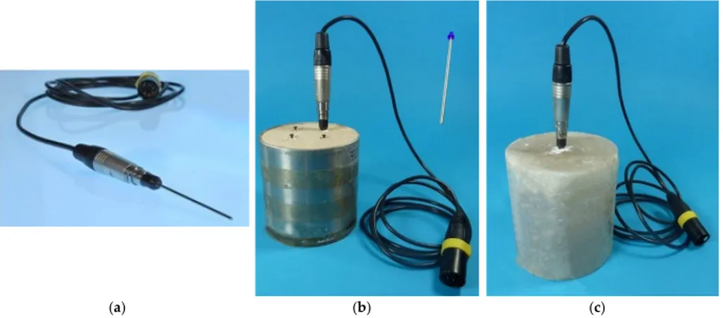 Figure 4. Transient probes and applications, modified from Reference [44]. (a) Each probe contains a  heating device and a temperature sensor embedded in a stainless-steel case