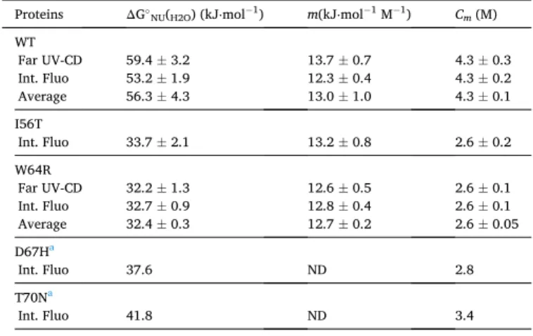 Fig. 6. Limited proteolysis analysed by SDS-PAGE. A) SDS-PAGE analysis of the limited proteolysis reaction products of WT, I56T and W64R HuL on a 4 – 20% precast  stain-free gel
