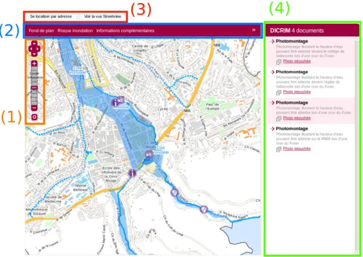 Figure II.4 – Composition de la cartographie interactive du DICRIM interactif de Saint-Étienne Trois fonds de carte sont disponibles (plan de la ville, cadastre, photographie aérienne) et l’utilisateur peut jouer sur la transparence de chacun