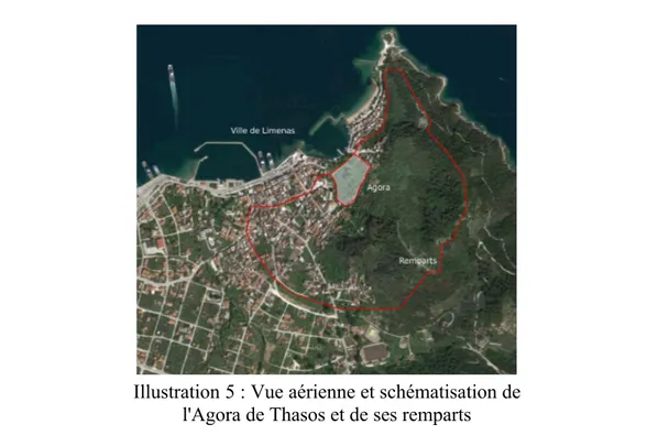 Illustration 5 : Vue aérienne et schématisation de l'Agora de Thasos et de ses remparts