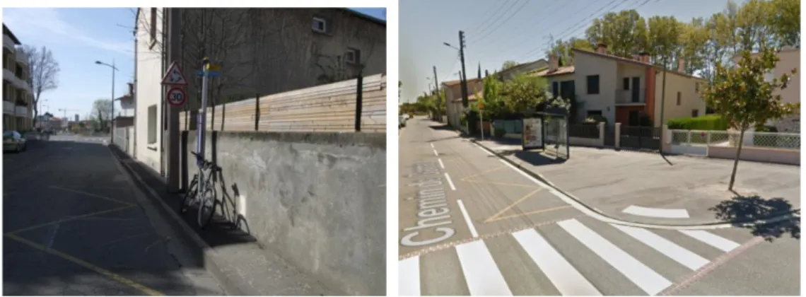 Figure 10 : Arrêt Lully sur L1 dans la direction du Gymnase de l’Hers, situations 2009 (à gauche) et 2016 (à droite,  source : GoogleStreets) 