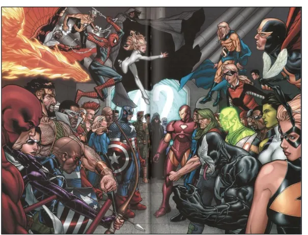 Figure  3 :  Double  page issue  de Civil  War. La prolifération de héros et  l es graphismes de  qualité aux  couleurs et effets visuels riches forment la marque de fabrique des éditions Marvel.