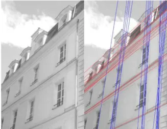 Figure 6 Photographie d'une façade et analyse par transformée de Hough (ESGT) 