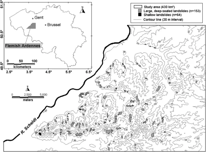 Fig. 1. Location of the landslides in the 430 km 2 study area within the Flemish Ardennes (Belgium).