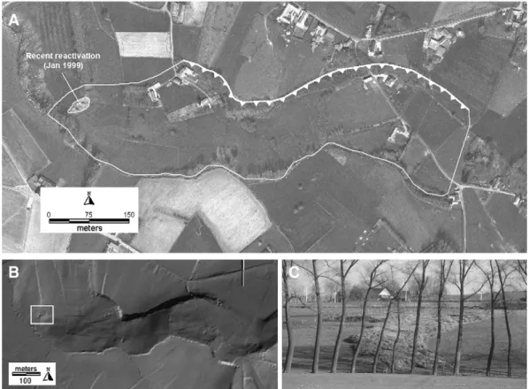 Fig. 2. Old deep-seated landslide in the study area (Schorisse, Maarkedal) with indication of a shallow complex earth slide that was initiated during the winter of 1998 – 1999: (A) Orthophoto [42]