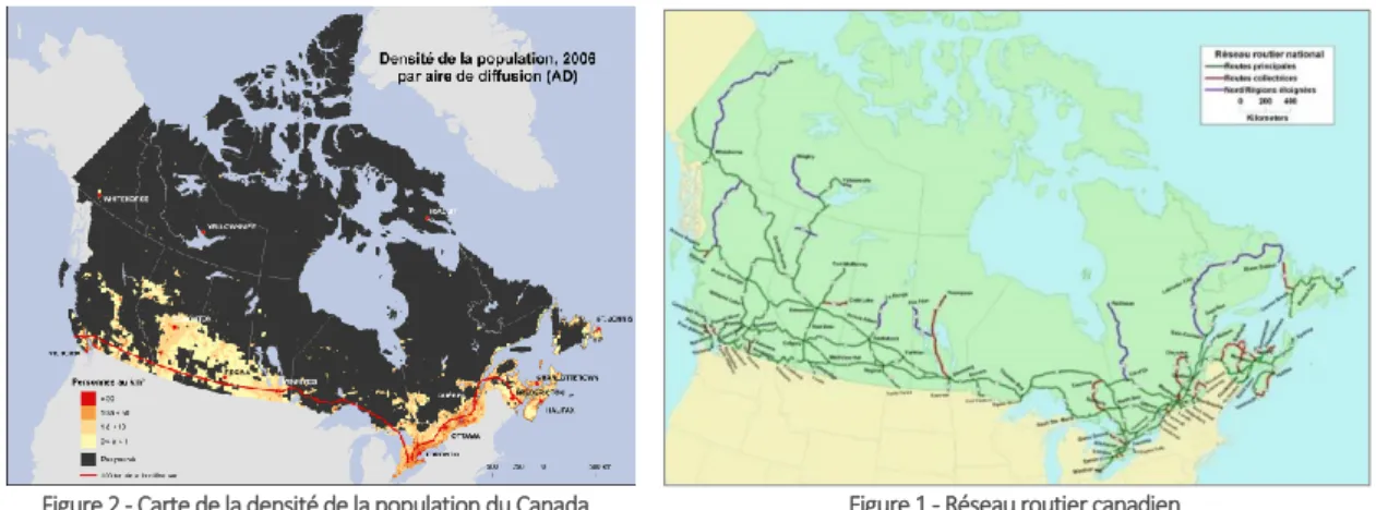 Figure 1 - Réseau routier canadien  (Transports au Canada, 2010) Figure 2 - Carte de la densité de la population du Canada  