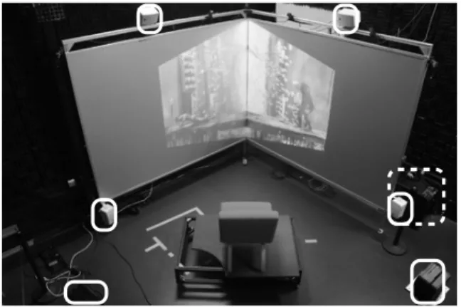 Figure 1: Photo of the SMART-I 2 installation for cinema projection highlighting the image correction for perceived plane projection at the experimental viewing position