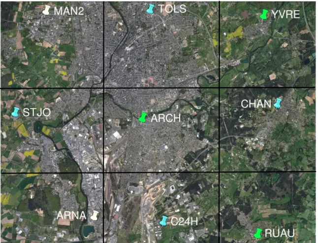 Figure 8 : Réseau des stations GNSS utilisées durant le projet, en blanc les stations du RGP (MAN2, ARNA), en vert les  stations présentes en 2015 (ARCH, RUAU, YVRE), en bleu les nouvelles stations (C24H, CHAN, STJO, TOLS), en trait noir  la discrétisation