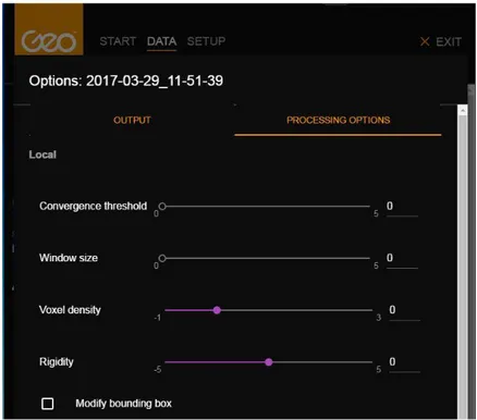 Figure 6 : Choix des paramètres locaux de calcul dans l’interface du logiciel GeoSLAM Desktop V3 