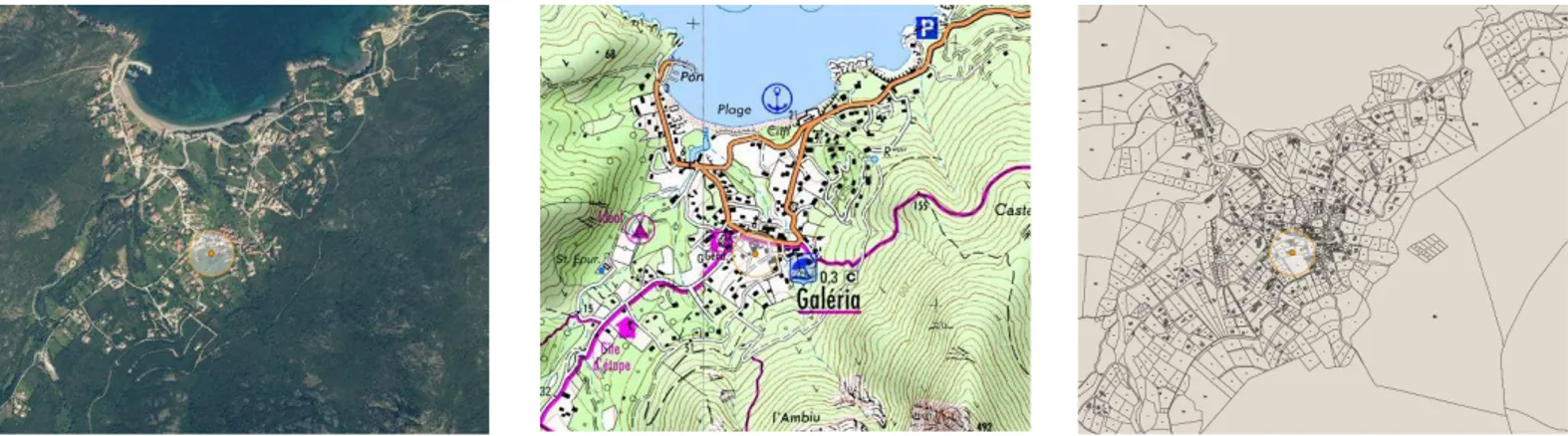 Figure 1 : Différents fonds de carte : photo aérienne, carte topographique IGN, et plan cadastral sur la commune de Galeria (2B)