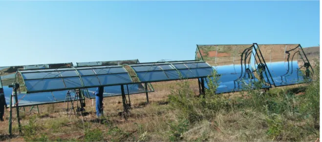 Figure 3:  Prototype 3kWe Solar ORC in Lesotho, southern Africa, with a 75m 2  40x parabolic trough collector array.