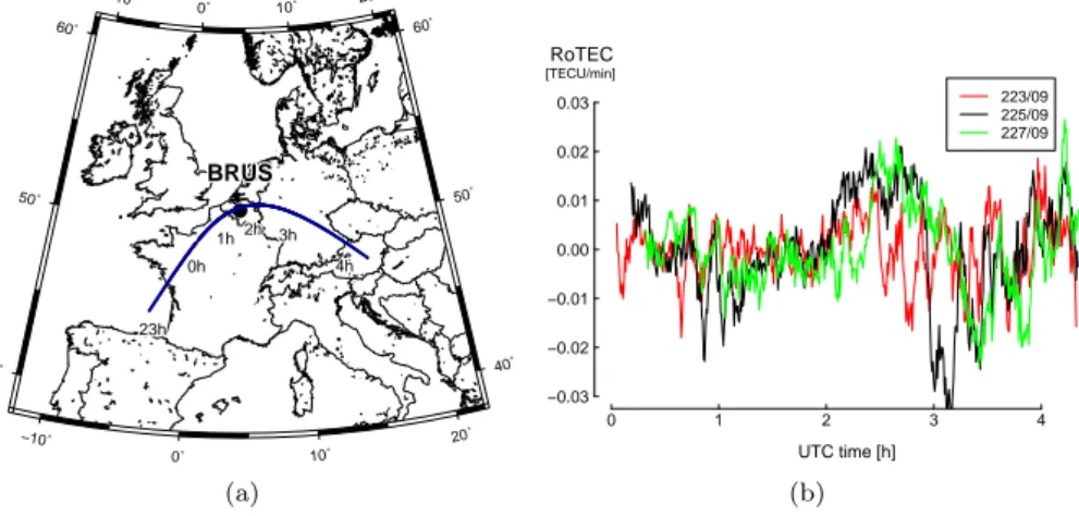 Figure 4.4 – Influence of multipath on a given satellite arc. (a) IPP trace of PRN 20 observed from BRUS station, DOY 225/09