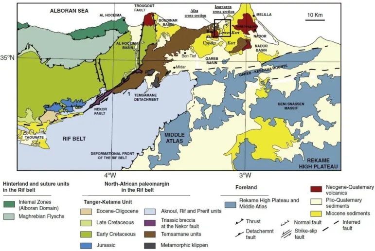 FIG. 1. Study area location in the geological map of the north-eastern Rif (Morocco) (Jabaloy-Sánchez et al.,  2015), modified