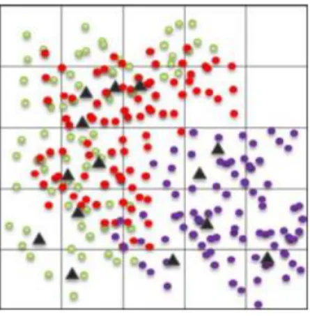 Figure 3 : Etat initial, avant la reconstruction. En vert, les regards d’eaux pluviales, en rouge les regards d’eaux  usées, en violet les regards unitaires, et les ouvrages spéciaux sont représentés par les triangles noirs (Lotfi et al., 2016)