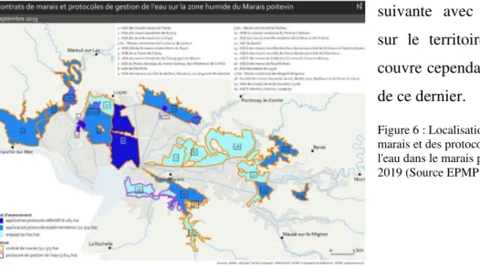 Figure 6 : Localisation des contrats de  marais et des protocoles de gestion de  l'eau dans le marais poitevin en septembre  2019 (Source EPMP 2015) 