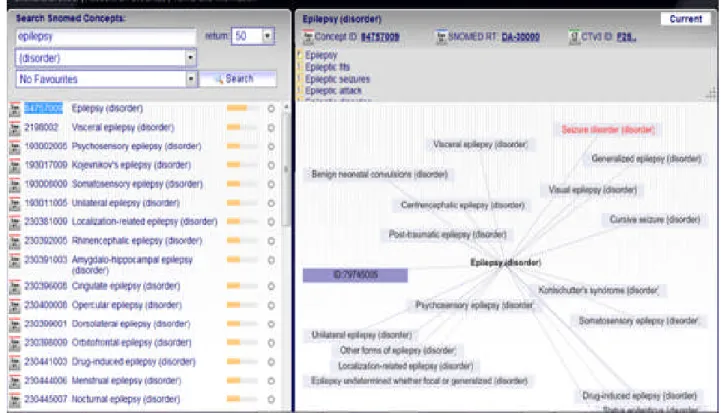 Figure 15 Snomed browser : the occurrence of the concept ‘Epilepsy” with visual presentations of its relationships using Snoflake, the Snomed online CT browser from Dataline Software (http://snomed.dataline.co.uk/)