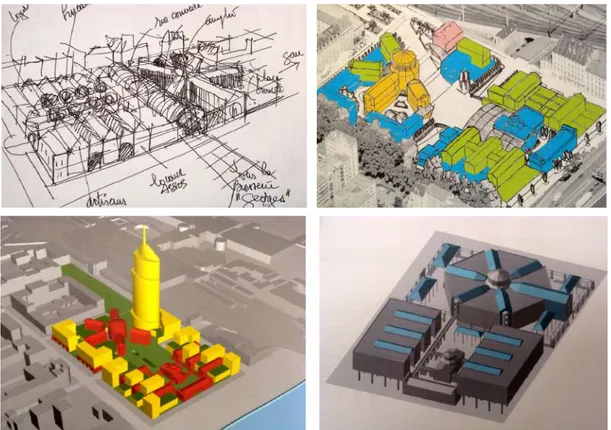 Figure 7 : De gauche à droite et de haut en bas : les propositions du Conseil de quartier de  Perrache-Confluent (conservation quasi-totale avec densification), de City Mobilis (conservation 
