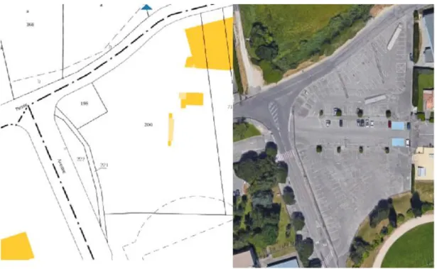 Figure  5  :  Extrait  du  plan  cadastral  et  de  la  vue  aérienne  du  parking  communal  Pierre  de  Coubertin  à  Châteaurenard  (source : cadastre.gouv et google.com)