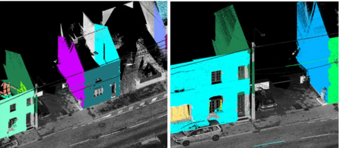 Figure 6 : Exemple de bonne segmentation des différents plans du bâtiment (à gauche) et de mauvaise segmentation (à droite)   avec la prise en compte du poteau dans le plan, issues de l'algorithme "Group planar surfaces" de Terrascan 