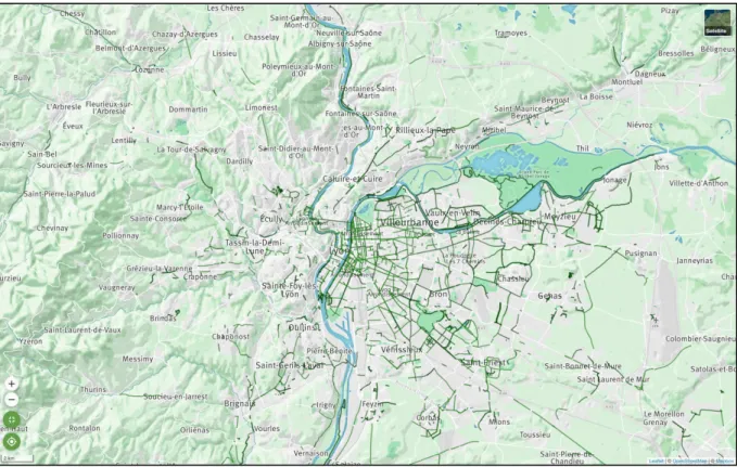 Figure 5 - Bicycle infrastructures (in green) in Lyon, France - Source: Geovelo 