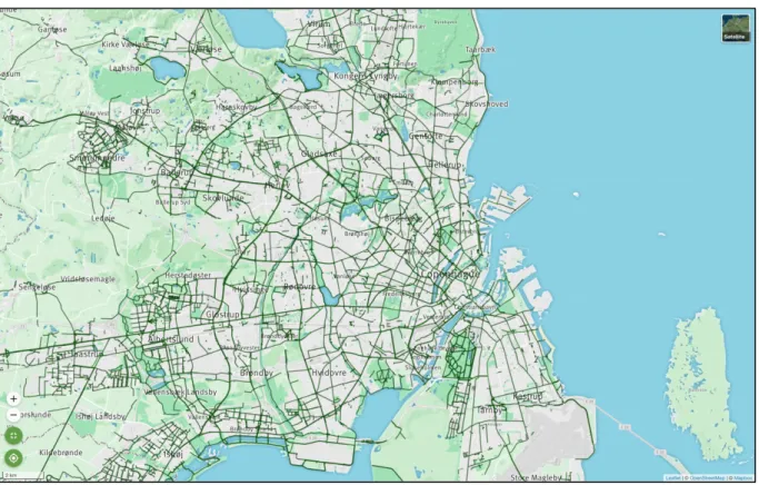 Figure 6 - Bicycle infrastructures (in green) in Copenhagen, Denmark - Source: Geovelo 