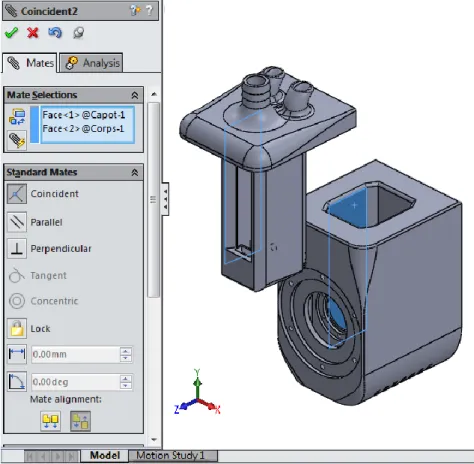 Figure 12 : Exemple de paramétrage d’une contrainte dans un assemblage de SolidWorks