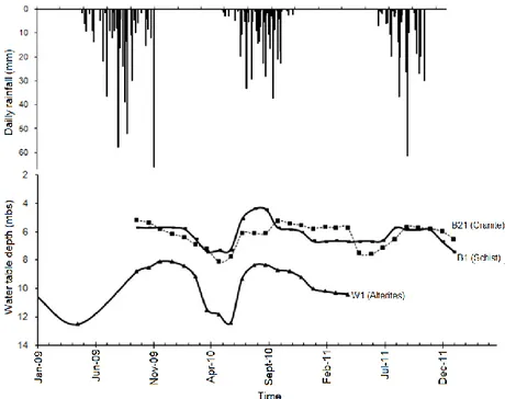 Fig. 2 Fluctuations in the depth to the water table in the shallow aquifer (W1) and in the deep 877 