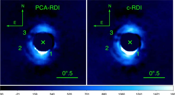 Figure 2. Zoom on the inner disk component with PCA-RDI ( left ) and c-RDI ( right ) , showing remarkable features