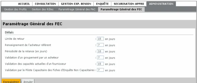 Figure 14. Écran de paramétrage des FEC 