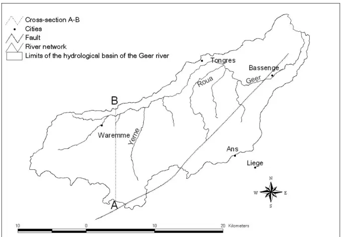 Figure  4.2. Location of the river network in the Geer basin, the Horion-Hozémont fault   and the AB cross-section 