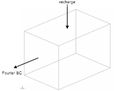 Figure  3.8. Scheme of the geometry, boundary conditions and solicitations applied to the reservoir linear  model