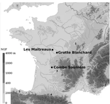 Fig. 1. Map of France showing locations of the 3 studied archaeological sites: Combe Sauni ere I, Les Maîtreaux, La Garenne