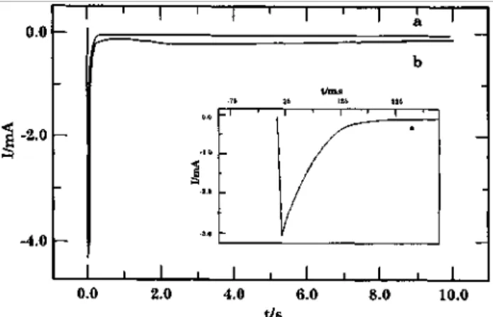 Fig. 2. Results of chronoamperometry experiments on AN (0.5 M) at nickel in a 0.05 M TEAP solution in ACN,  (a) in the potential range of peak I; (b) at a potential beyond the origin of peak II