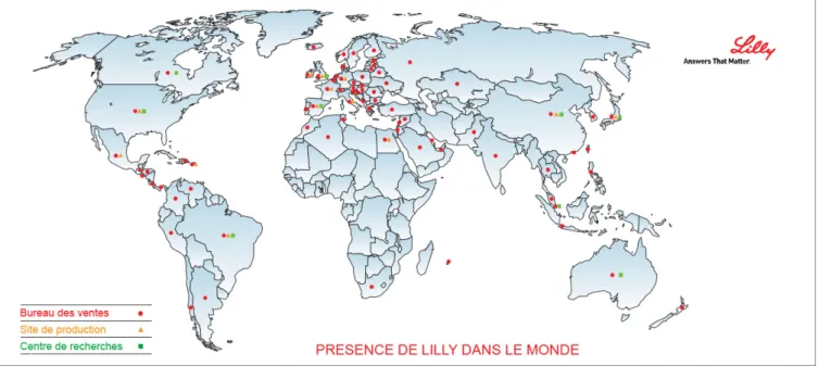 Figure 1- Carte des implantations des établissements Lilly dans le monde 