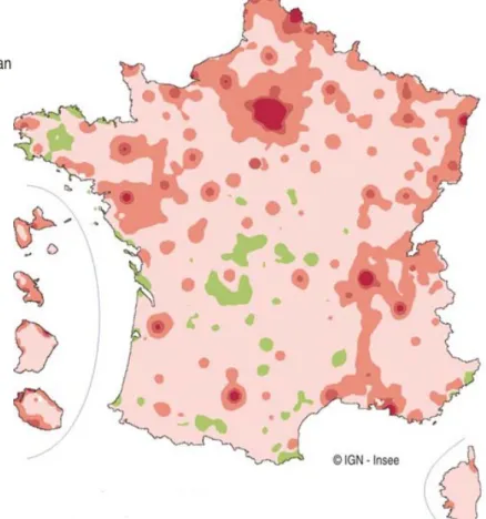 Figure n°4 : Variation annuelle de la densité de population due au solde naturel entre 1982 et 2011 :  (source INSEE – 01/2014) 