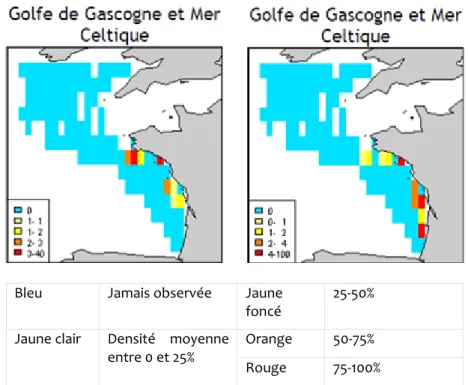 Figure 13: Cartes des zones de capture d'Alosa alosa (à gauche) et d’Alosa fallax (à droite) dans le Golfe de Gascogne et la Mer  Celtique lors des campagnes scientifiques (Trenkel et al, 2009) 