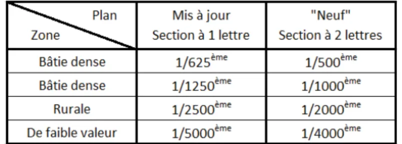 Figure 3 : Echelle du plan cadastral selon le type de rénovation et la zone  
