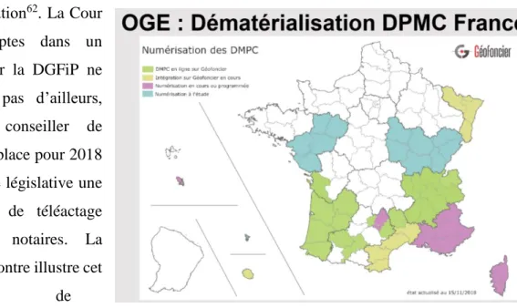 Figure 6 : Déploiement de la dématérialisation du DMPC en France (source :  Géomètre, n°2084, mars 2019)