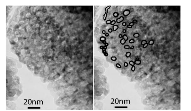 Figure 6 : Micrographie TEM de cristaux poreux d'hématite. Les pores sont approximativement sphériques et mesurent  entre 1 et 5 nm de diamètre