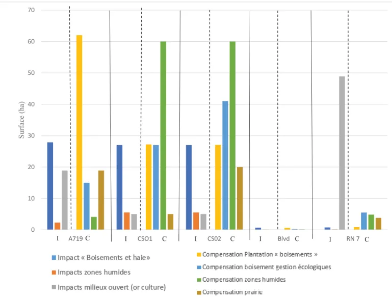 Figure 6: Bilan des impacts et mesures de compensations par projets (I : Impact ; C : compensation) 