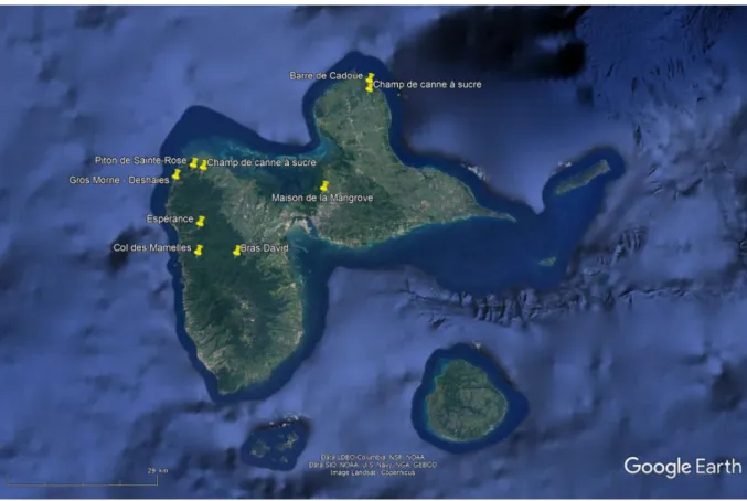 Figure 1 : Carte de la Guadeloupe avec la mention des différents sites de capture des rats noirs