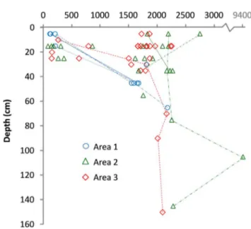 Figure 2. Age-depth relationship for 60 charcoal fragments sampled in the three areas investigated