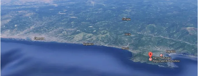 Figure 6 : Vue du Parc Naturel Régional de Portofino et du début de la Riviera du Levant, Google Maps, 2014 