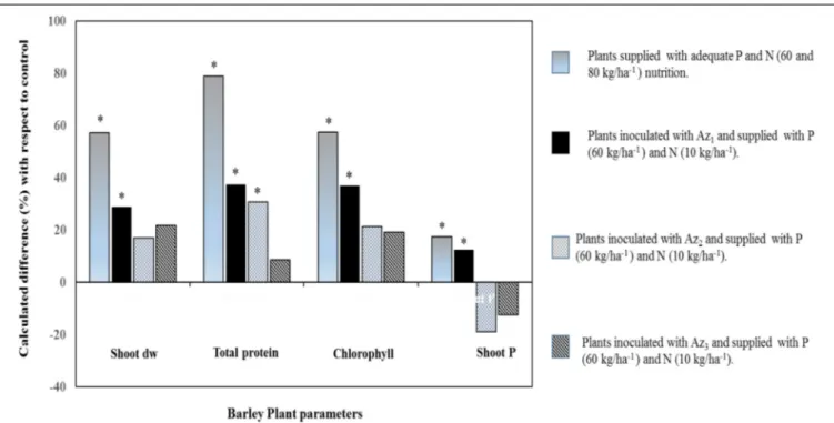 FIGURE 3 | Percentage difference of four barley plant agro-physiological parameters (shoot dry weight, protein content, chlorophyll index, and shoot P) with respect
