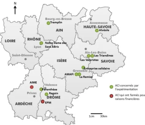 Figure n°5 :  Carte de  localisation des  différents ACI  participants à   EPIDA en  région  Rhône-Alpes  TABLEAU 