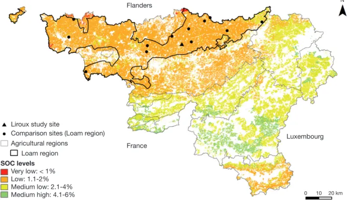 Figure 1. Soil organic carbon (SOC) content (%) in croplands and grasslands in Wallonia, based on the spatial analysis of  SOC data collected by the Soil Monitoring Network CARBIOSOL — Quantité de carbone organique (%) dans les cultures  et prairies de Wal