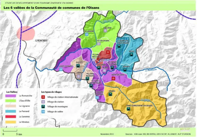 Figure 2 : Carte du territoire de l’Oisans représentant les caractéristiques des villages et les différentes vallées.