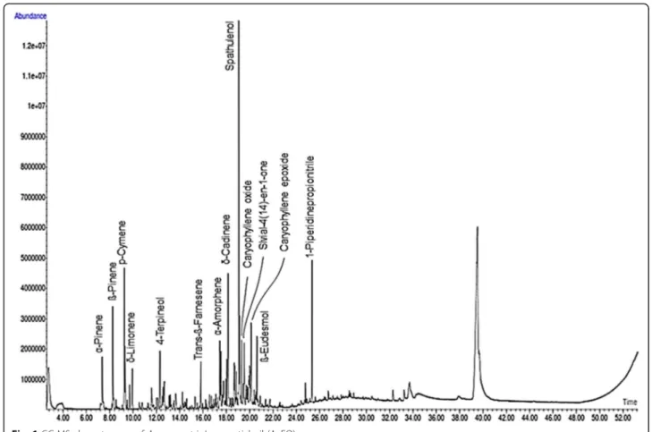 Fig. 1 GC-MS chromtogram of A. campestris L. essential oil (AcEO)