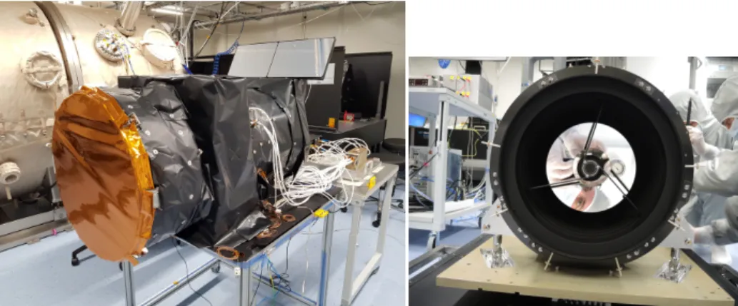 Fig. 6 Left: The CHEOPS payload fully assembled before delivery. Right: The telescope with mirrors in- in-stalled and cover open before full OTA assembly.