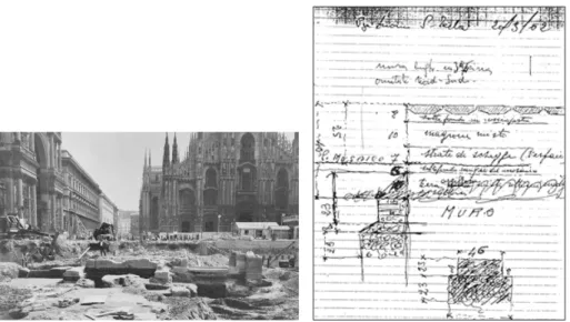 Fig. 7 Milano, complesso episcopale, a. foto degli scavi nell’area di Santa Tecla  avvenuti durante la realizzazione della linea  1  della metropolitana ( 1 96 1 - 1 963);  